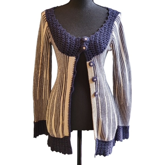 ANTHROPOLOGIE SPARROW SZ S Blue & Ivory Striped Cardigan Sweater Crochet Trim - Picture 2 of 10